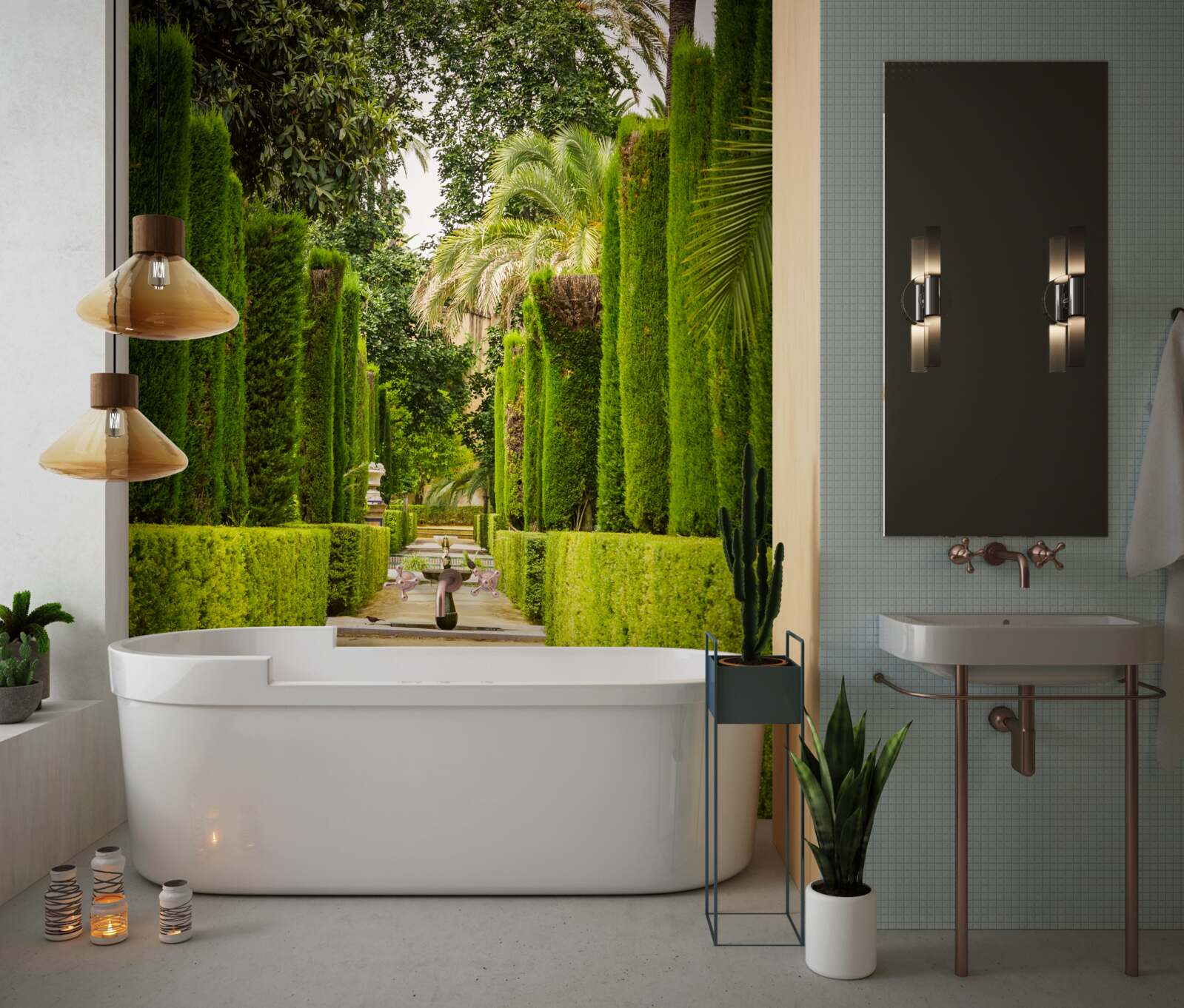 Fotobehang pad tussen goed onderhouden cipressen