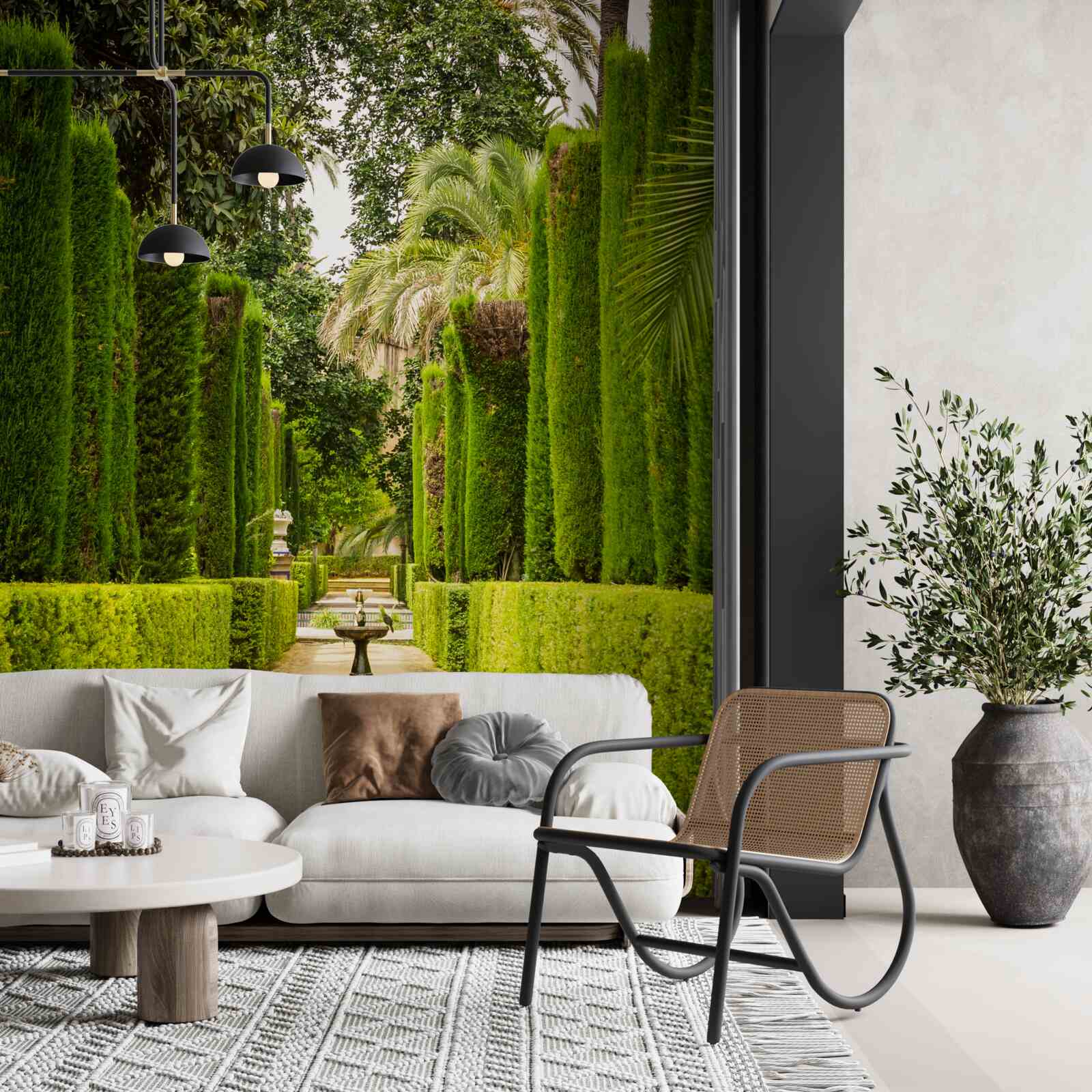 Fotobehang pad tussen goed onderhouden cipressen