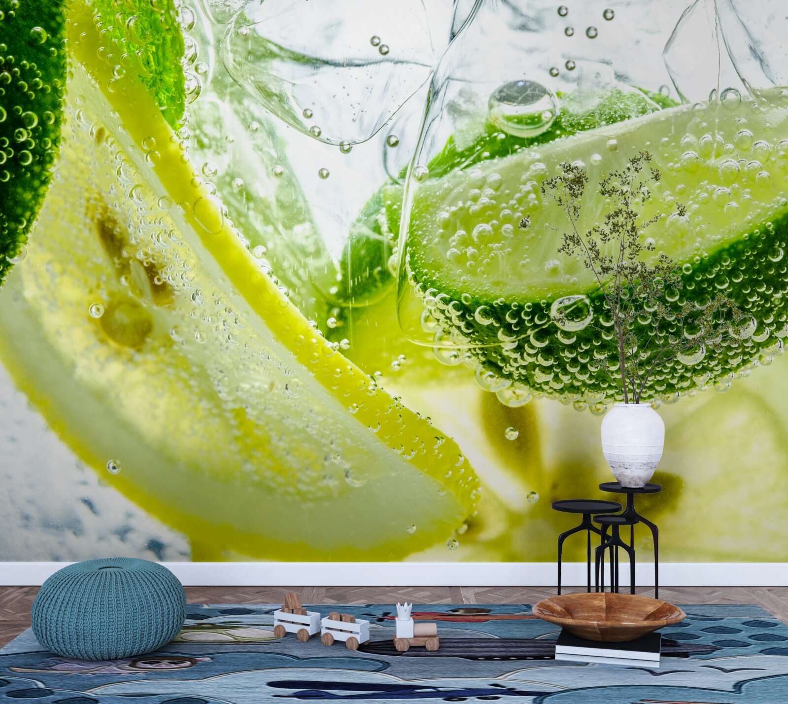 Fotobehang schijfjes citroen en limoen in een glas water