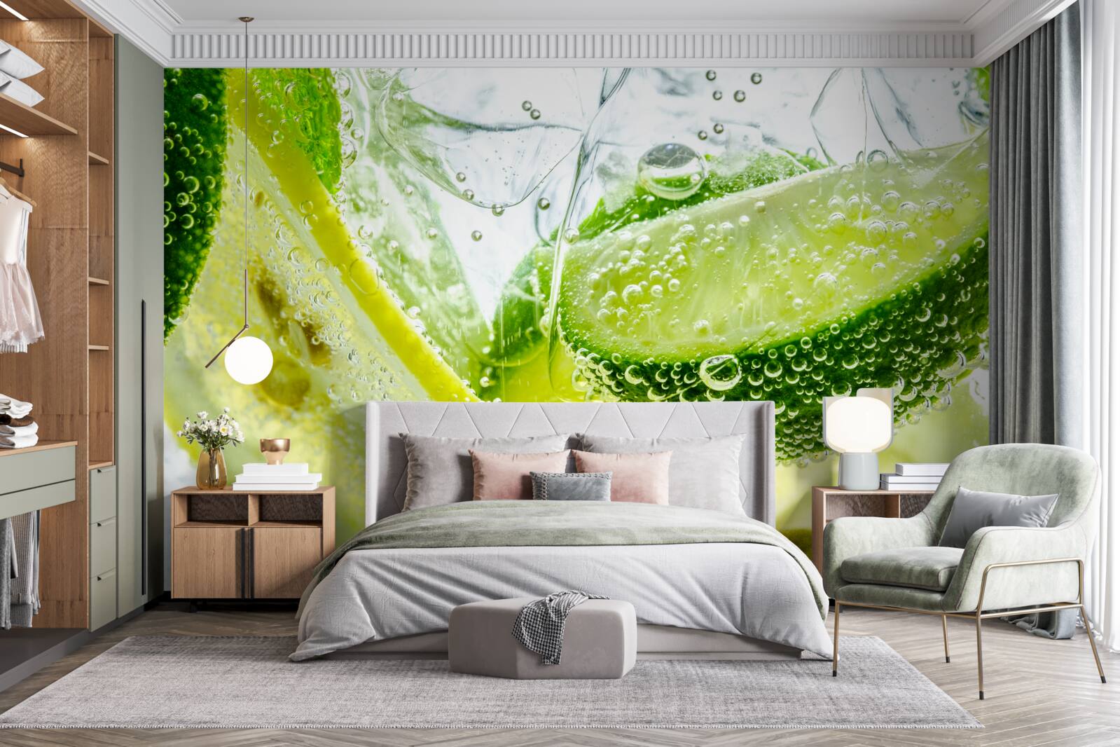 Fotobehang schijfjes citroen en limoen in een glas water