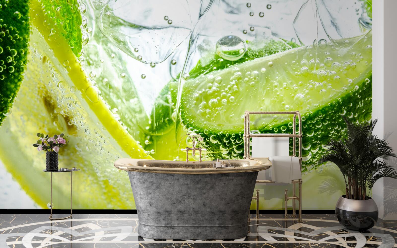 Fotobehang schijfjes citroen en limoen in een glas water