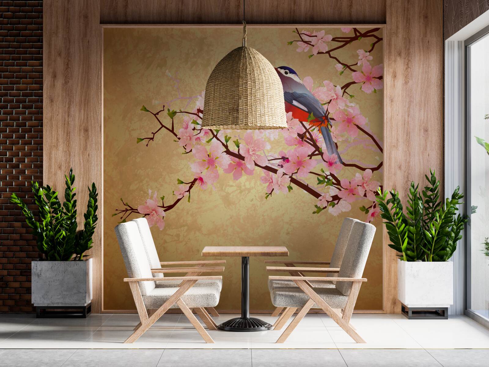 Fotobehang nachtegaal op de takken van kersenbloesems