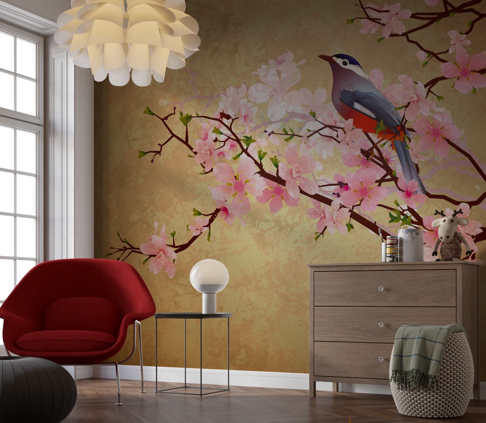 Fotobehang nachtegaal op de takken van kersenbloesems