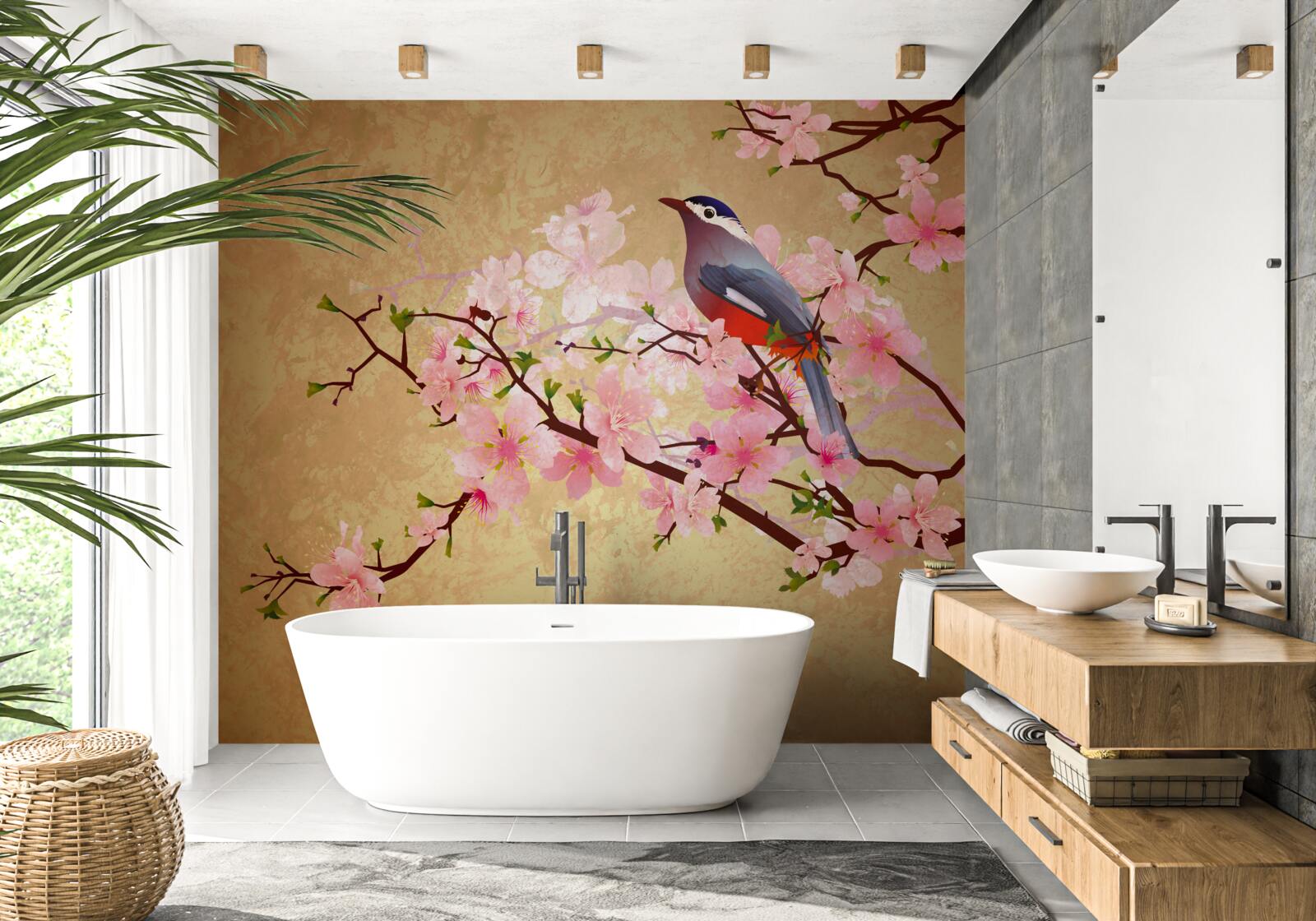 Fotobehang nachtegaal op de takken van kersenbloesems