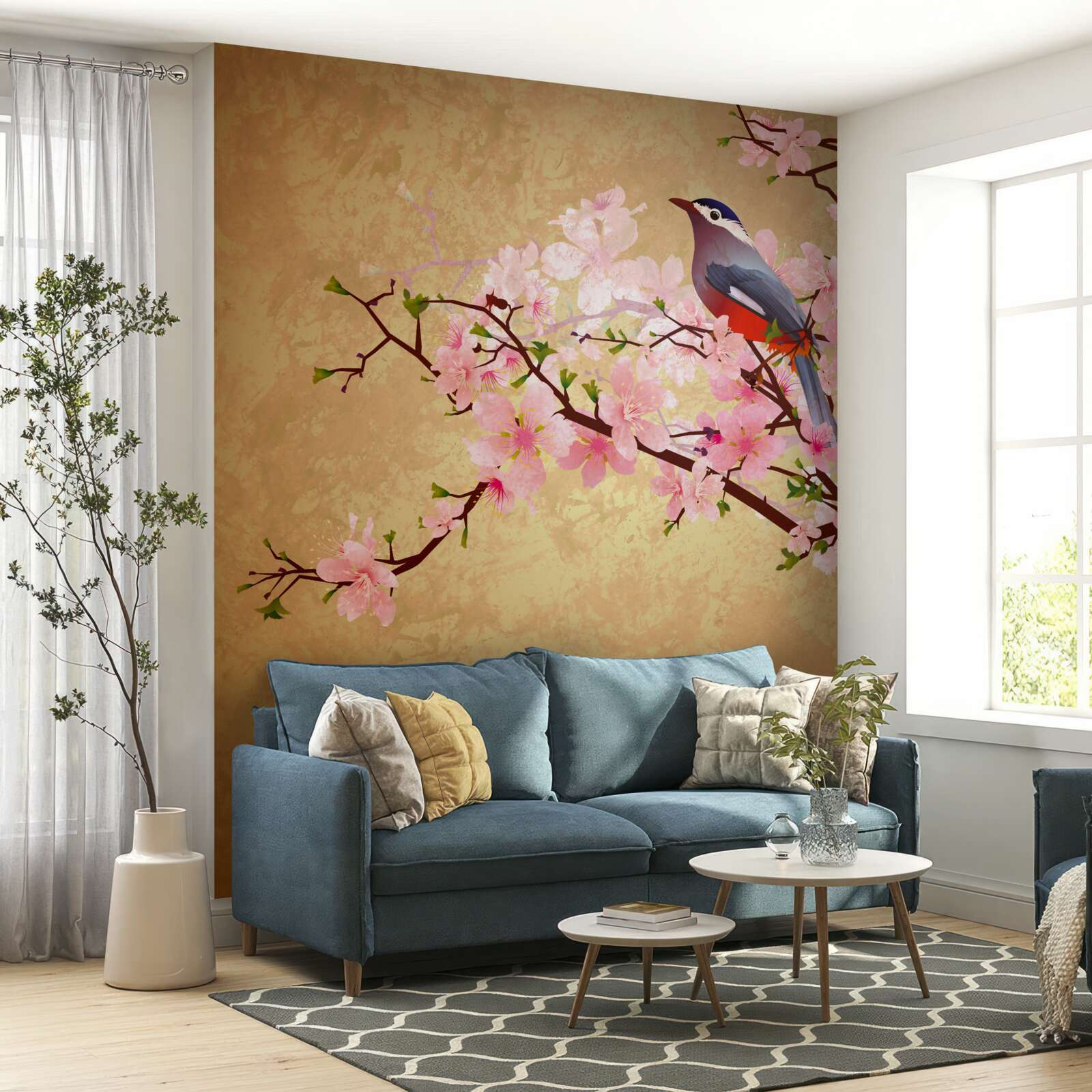 Fotobehang nachtegaal op de takken van kersenbloesems