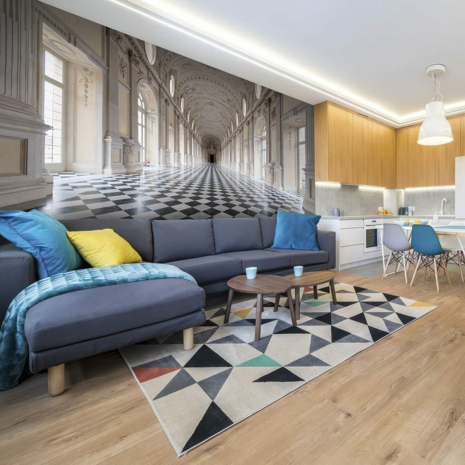 Fotobehang Tegels in mozaïekstijl in een met stenen beklede kamer