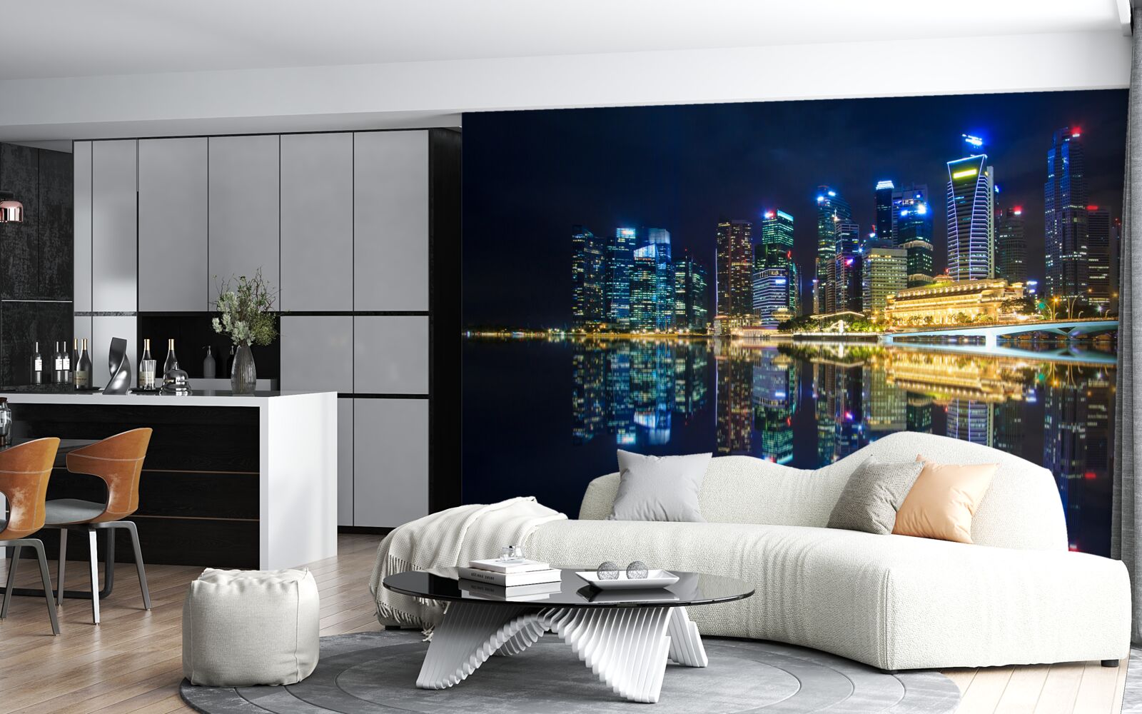 Fotobehang nachtelijke stad weerspiegeld in het water en verlicht door lichten