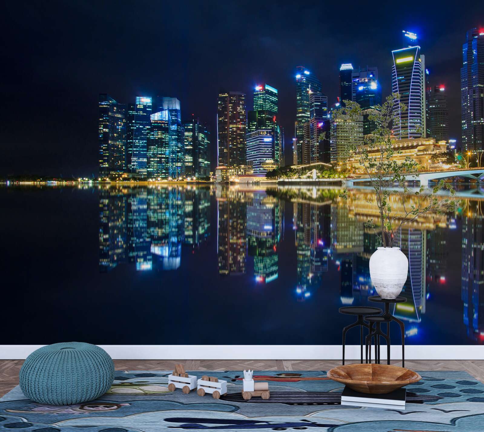 Fotobehang nachtelijke stad weerspiegeld in het water en verlicht door lichten