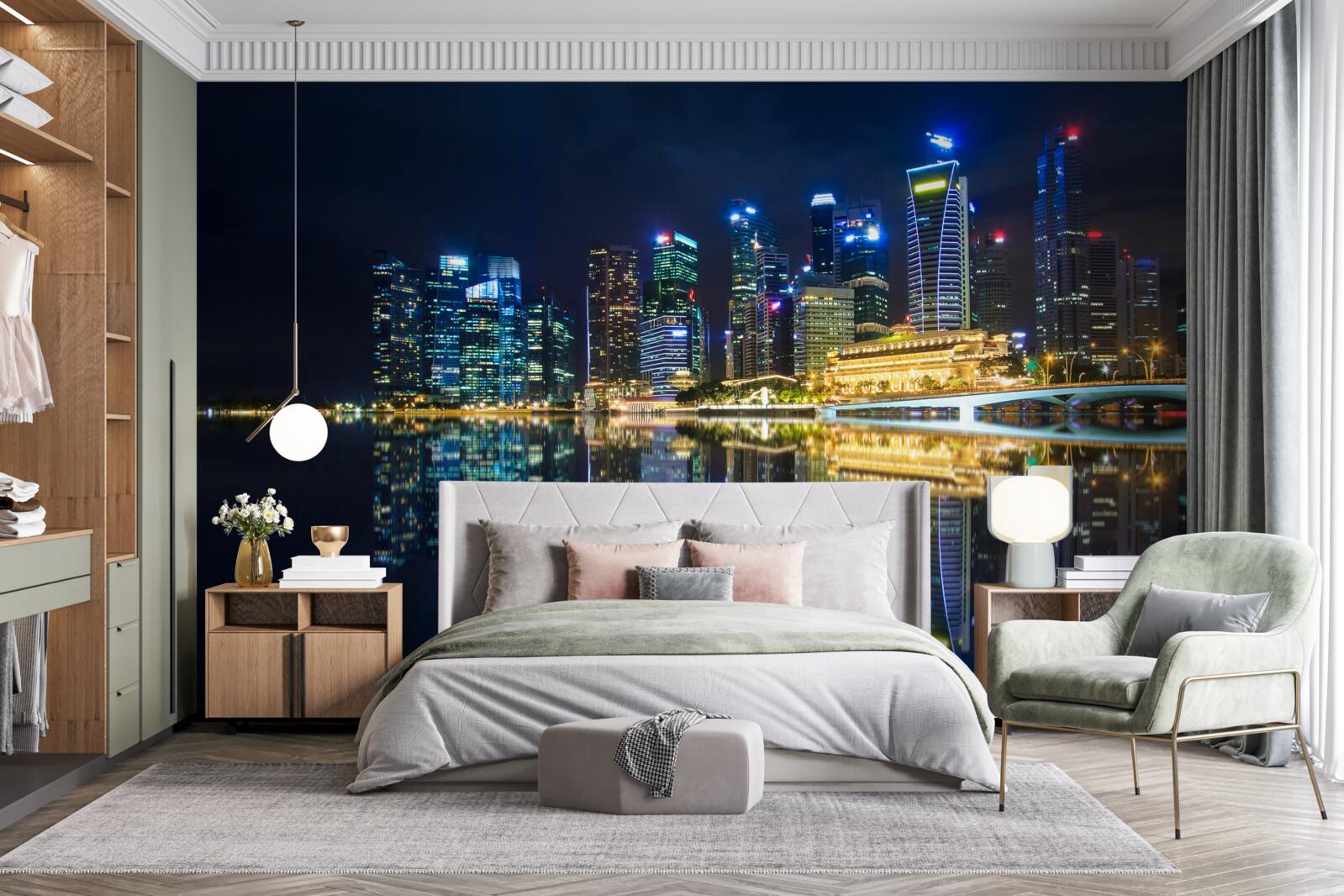 Fotobehang nachtelijke stad weerspiegeld in het water en verlicht door lichten