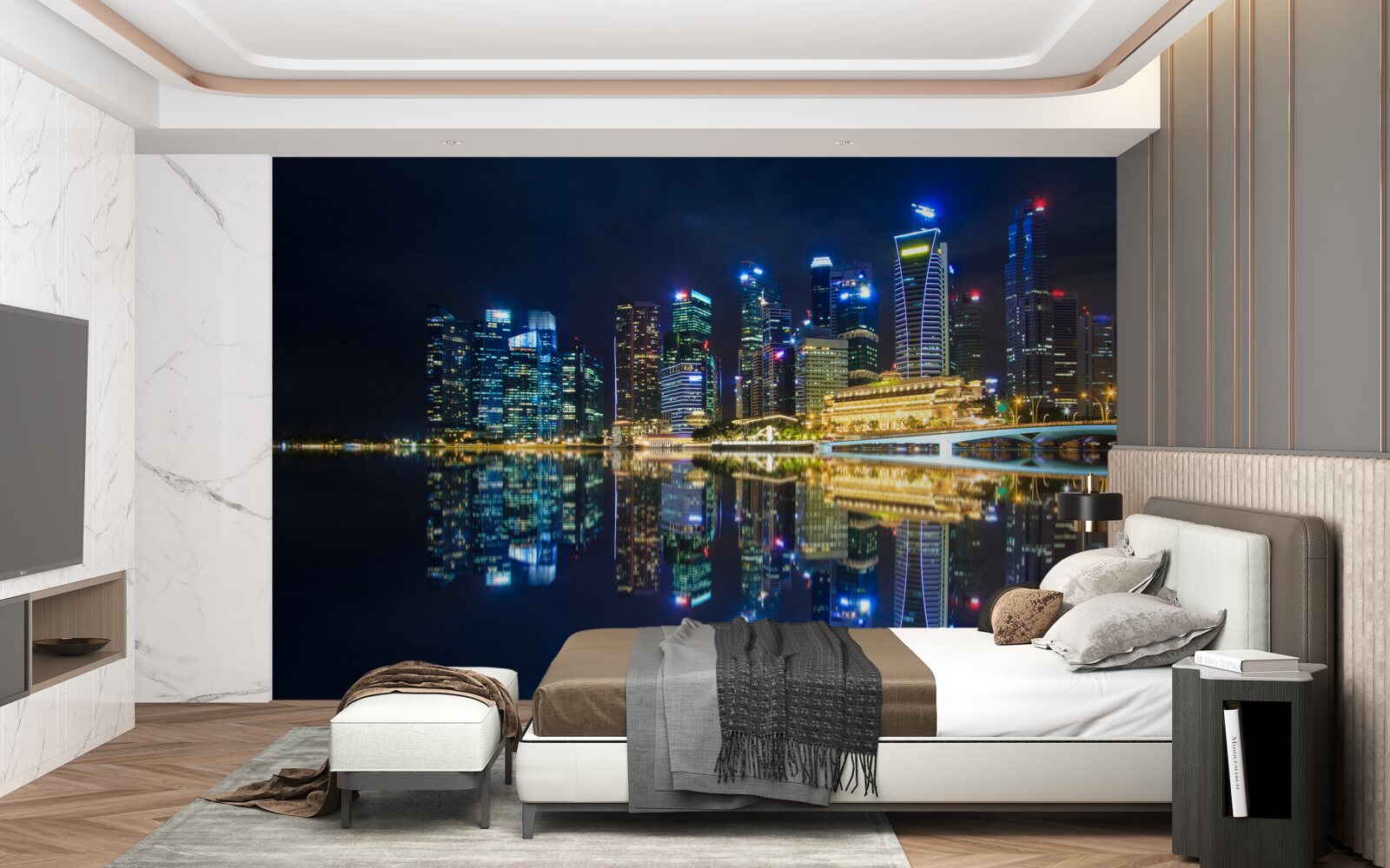 Fotobehang nachtelijke stad weerspiegeld in het water en verlicht door lichten