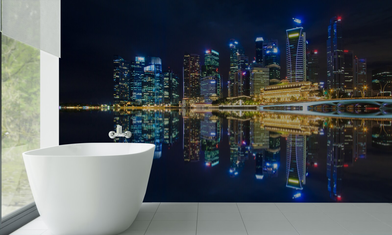 Fotobehang nachtelijke stad weerspiegeld in het water en verlicht door lichten