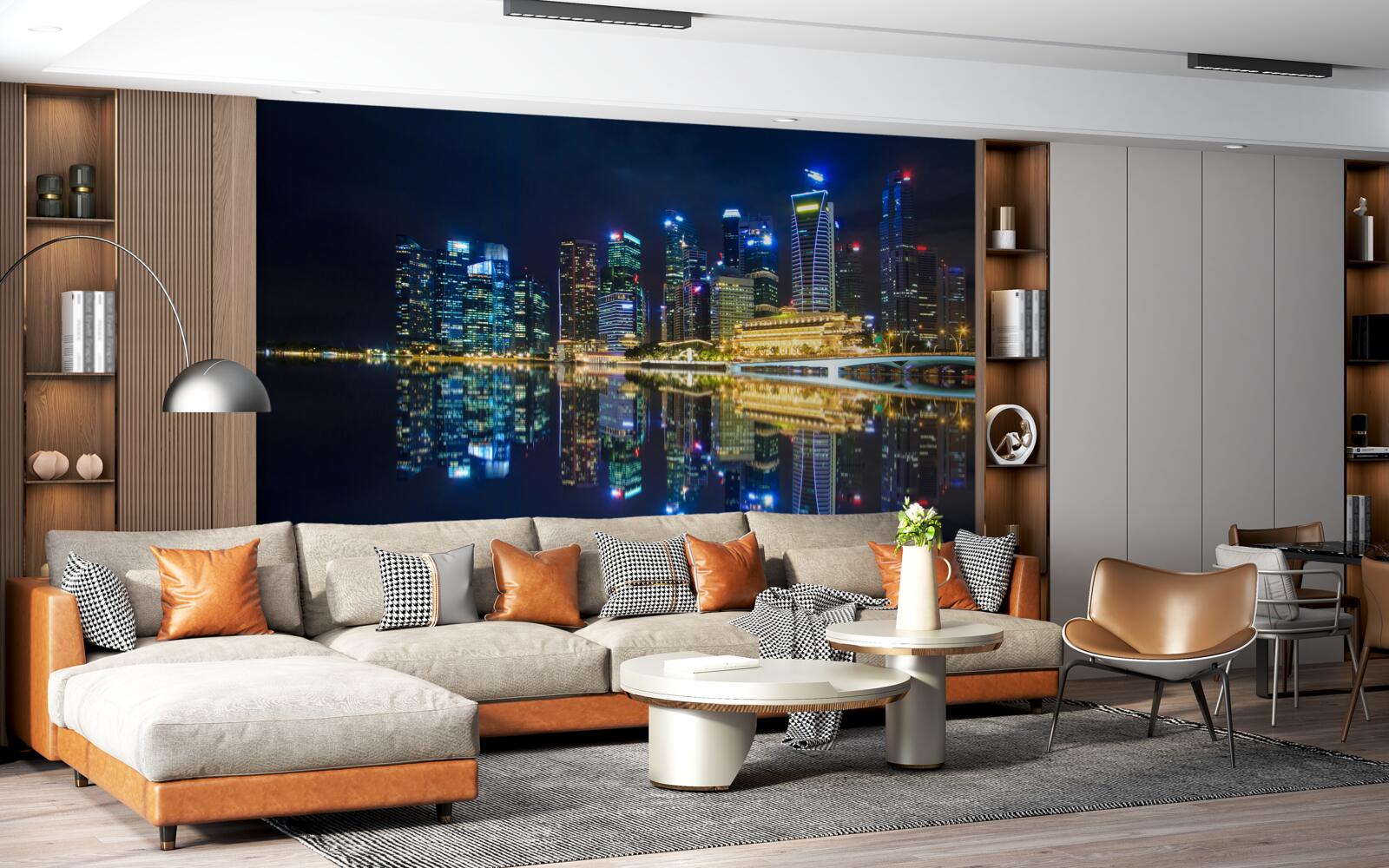 Fotobehang nachtelijke stad weerspiegeld in het water en verlicht door lichten