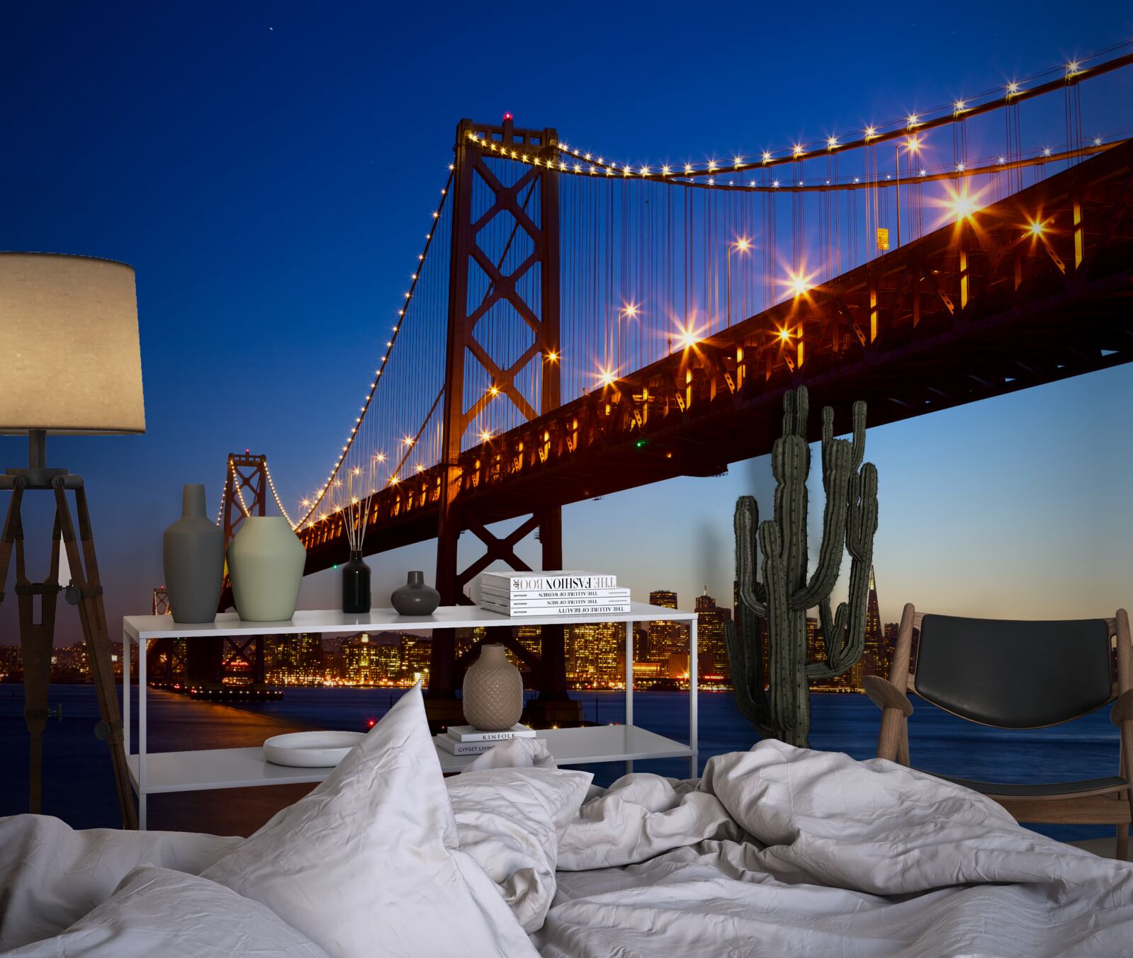 Fotobehang verlichte brug tegen een stadslandschap