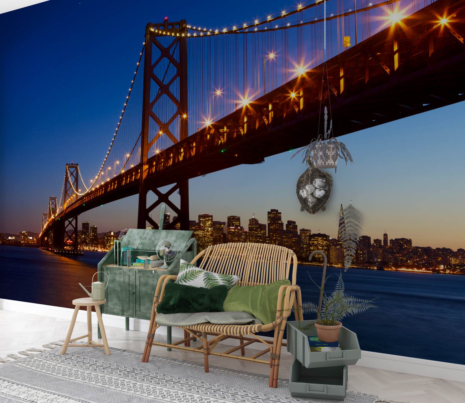 Fotobehang verlichte brug tegen een stadslandschap