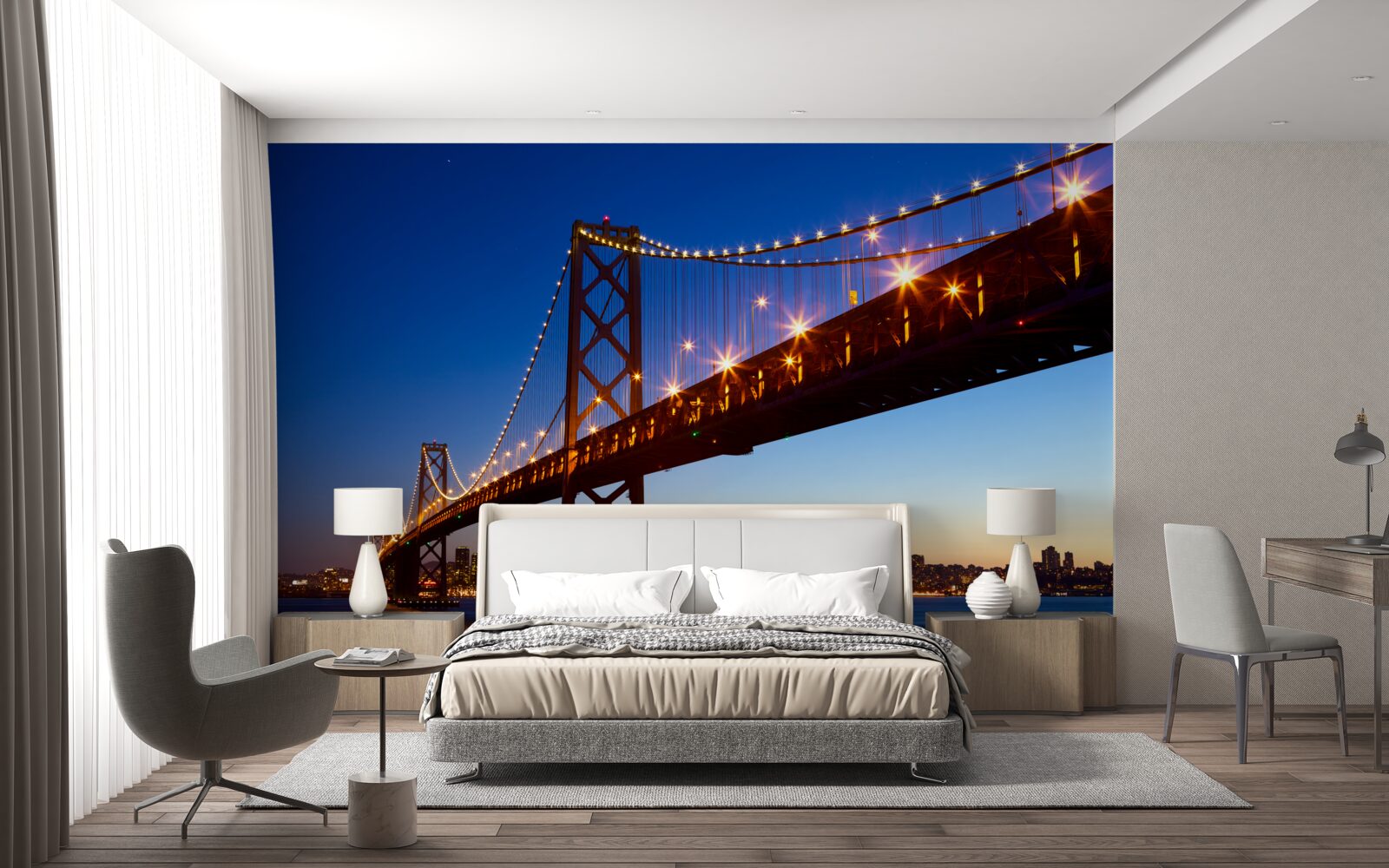 Fotobehang verlichte brug tegen een stadslandschap