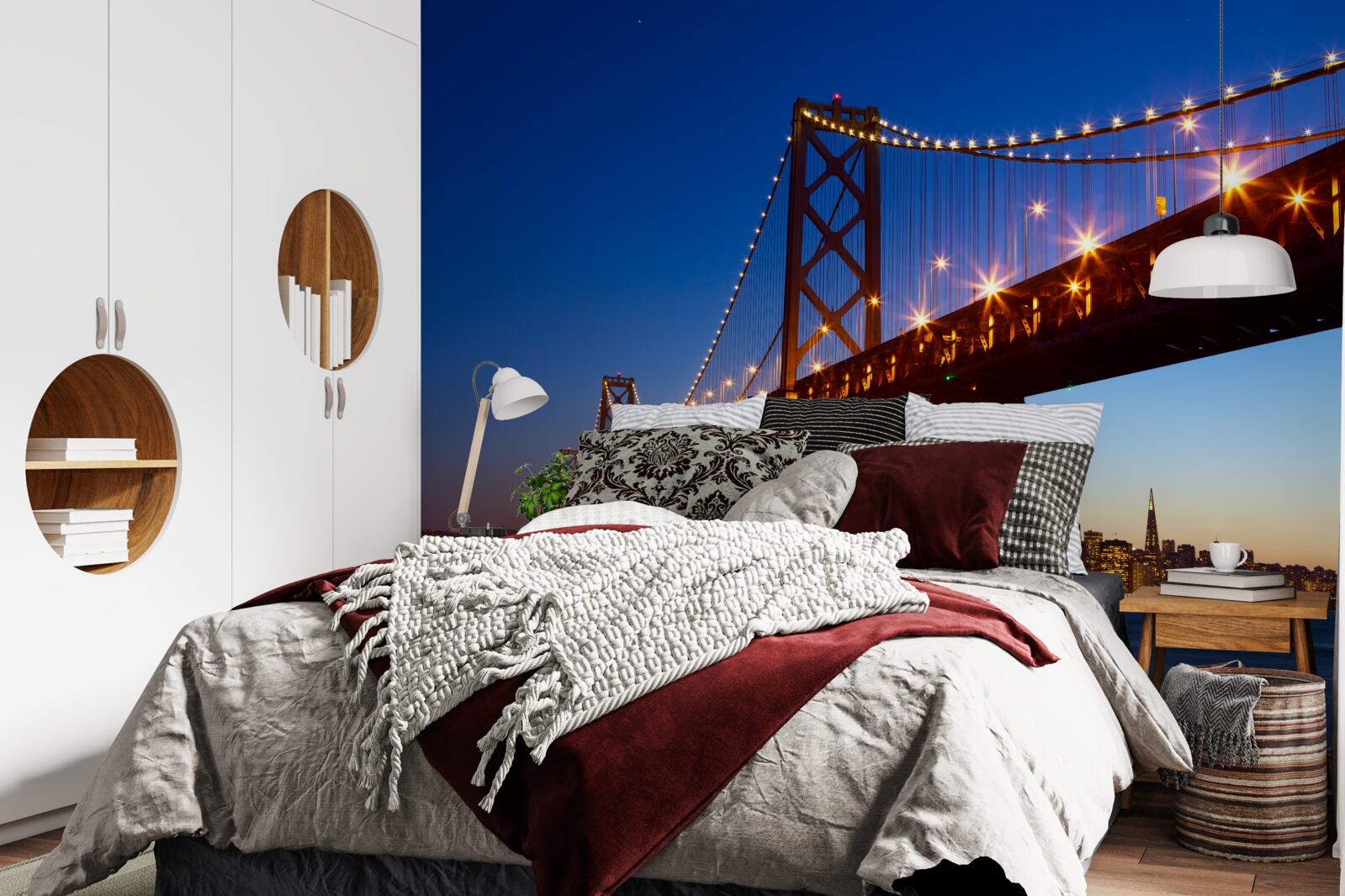 Fotobehang verlichte brug tegen een stadslandschap