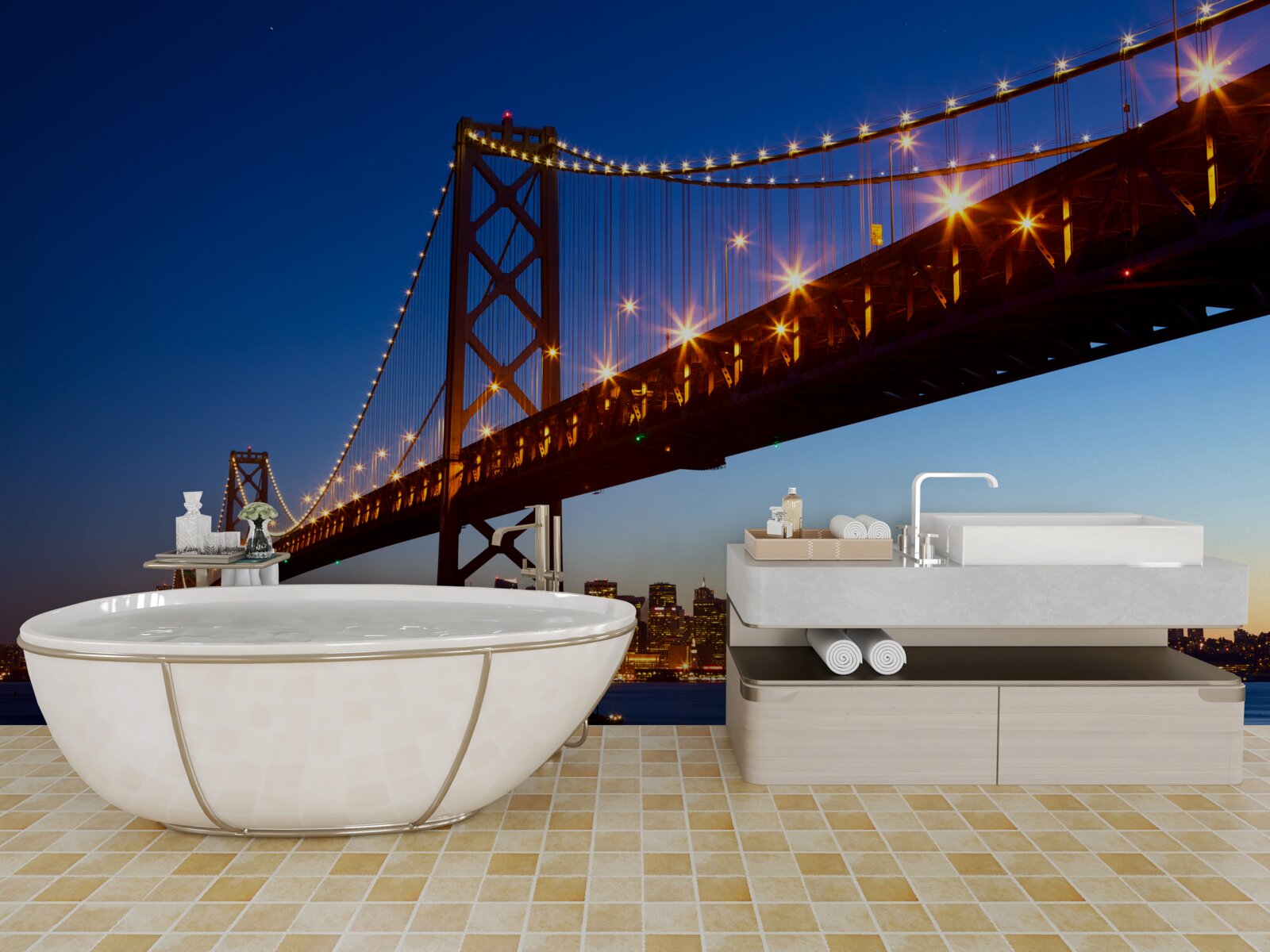 Fotobehang verlichte brug tegen een stadslandschap