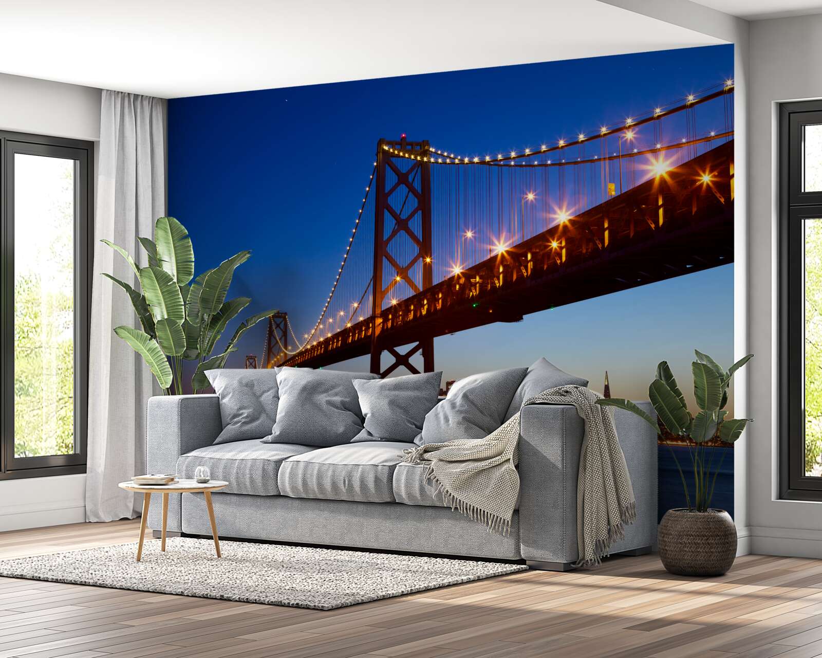 Fotobehang verlichte brug tegen een stadslandschap