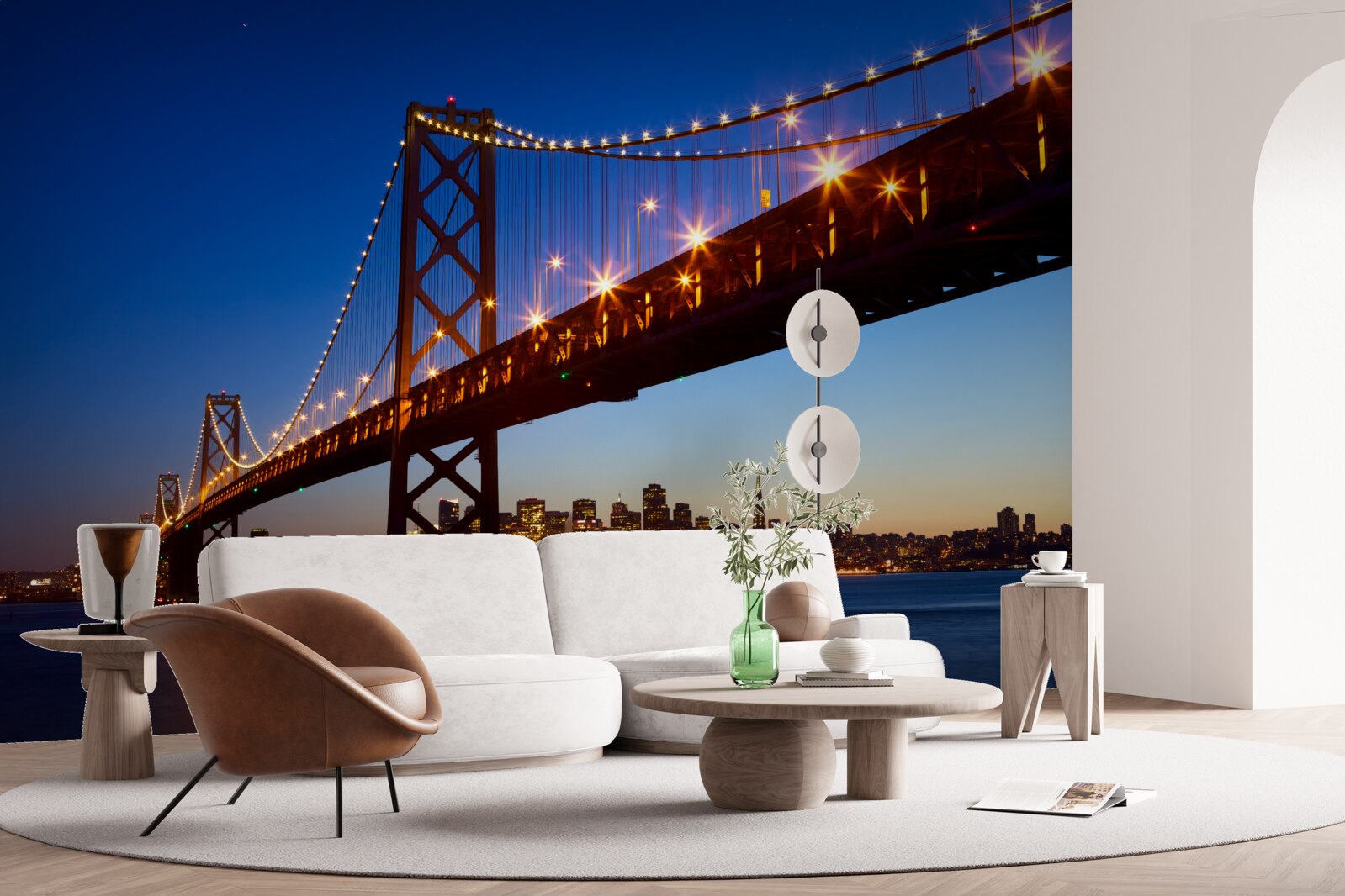 Fotobehang verlichte brug tegen een stadslandschap