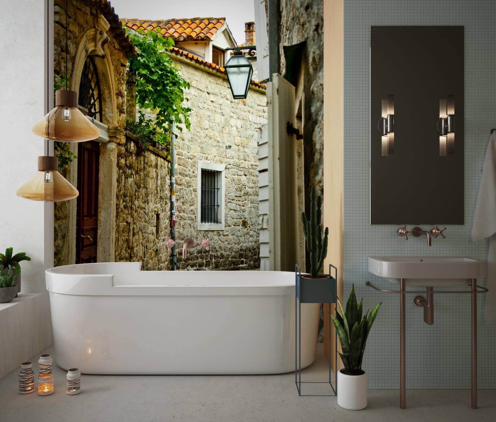 Fotobehang oude straat geplaveid met steen in de zomer