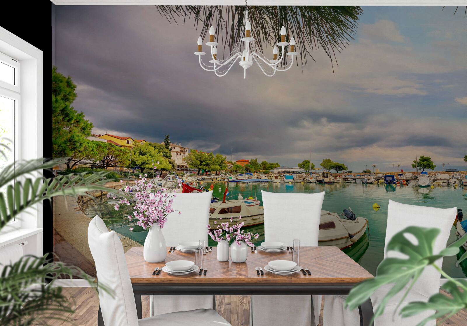 Fotobehang rustige haven met zeilboten