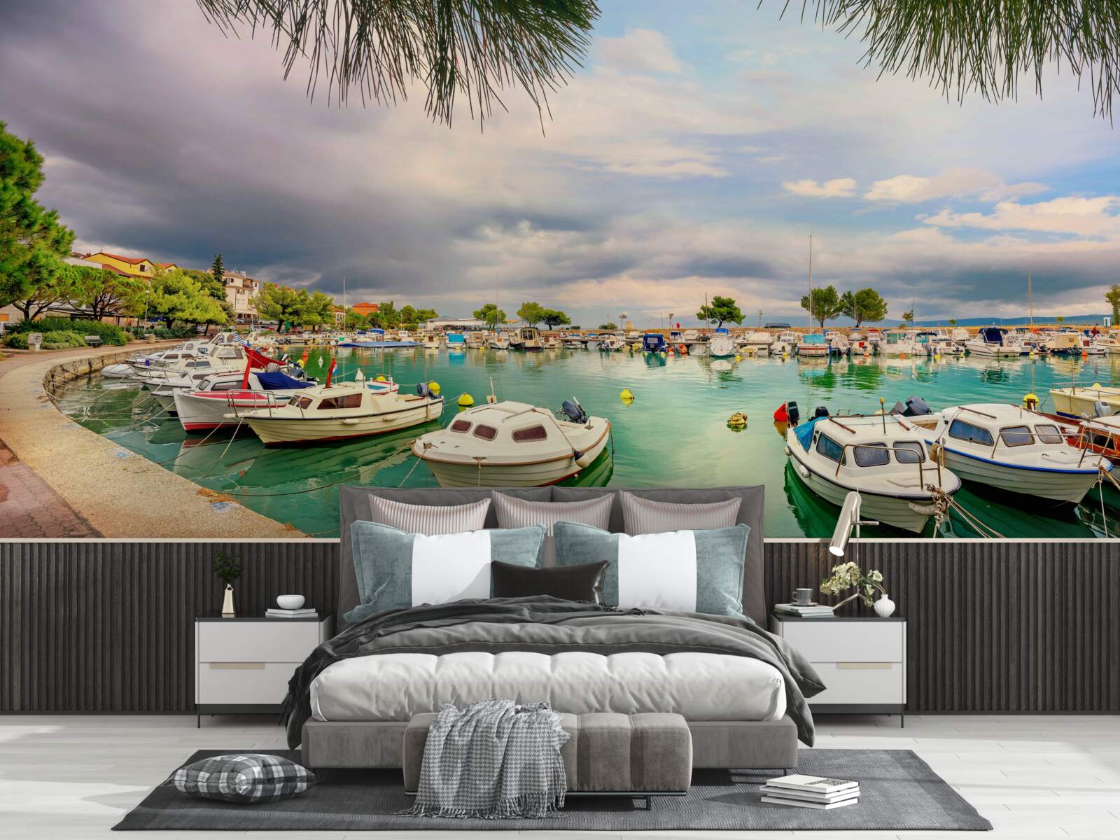 Fotobehang rustige haven met zeilboten