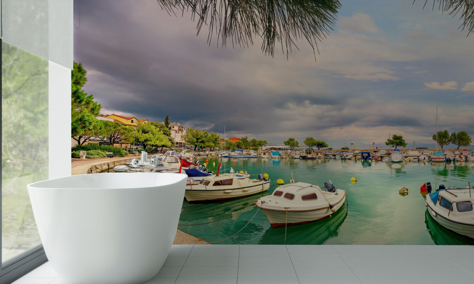 Fotobehang rustige haven met zeilboten