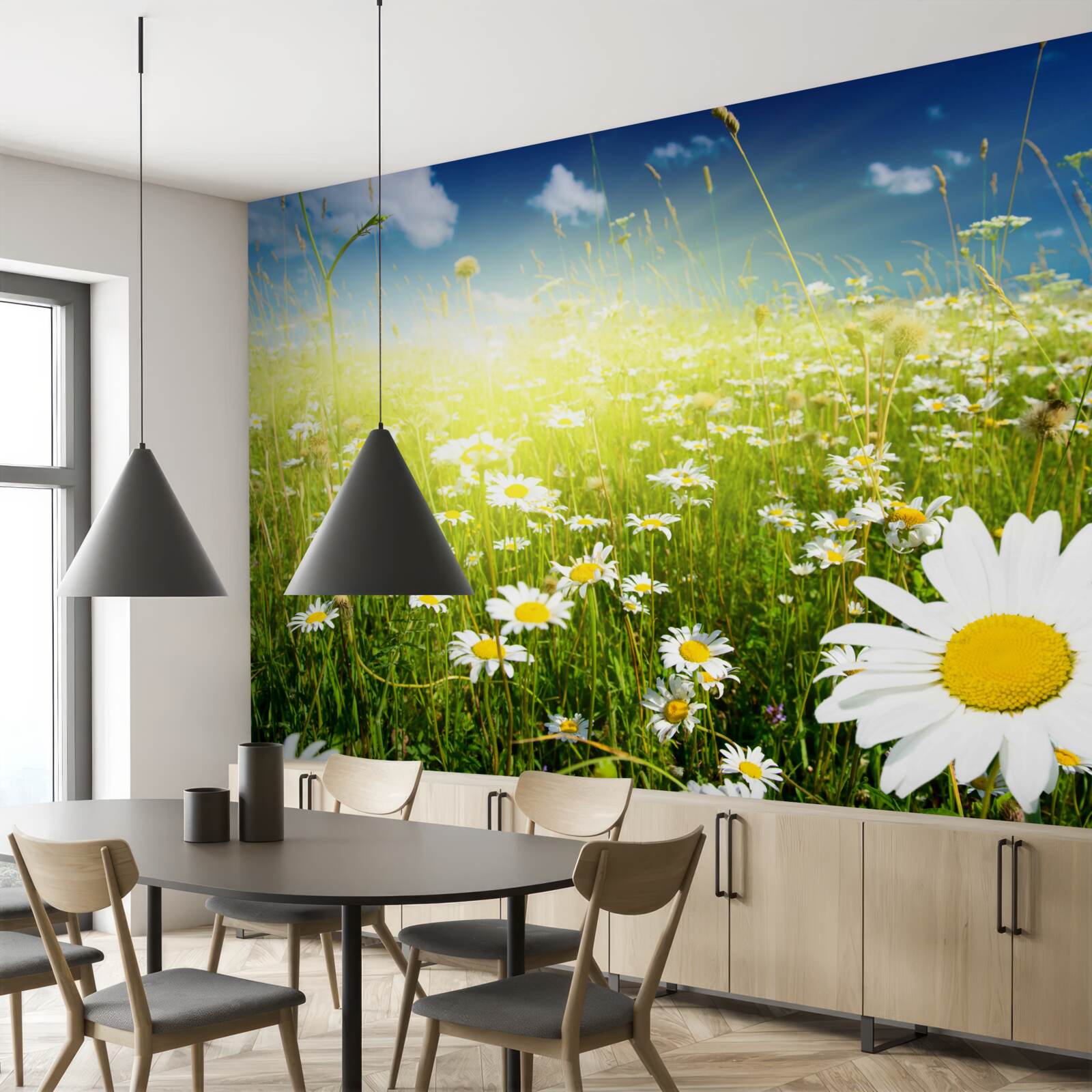 Fotobehang een weide bedekt met madeliefjes bij dageraad