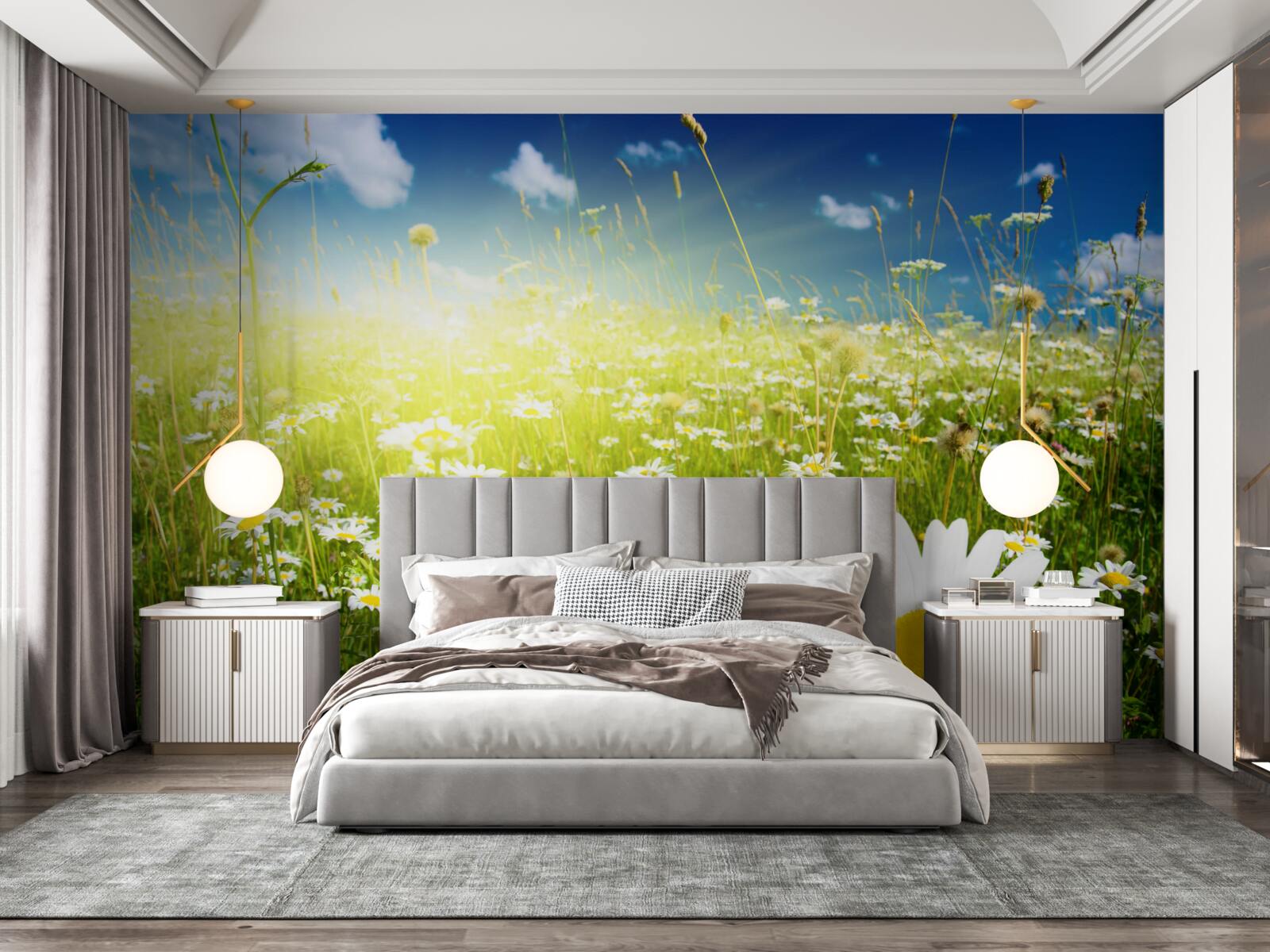 Fotobehang een weide bedekt met madeliefjes bij dageraad