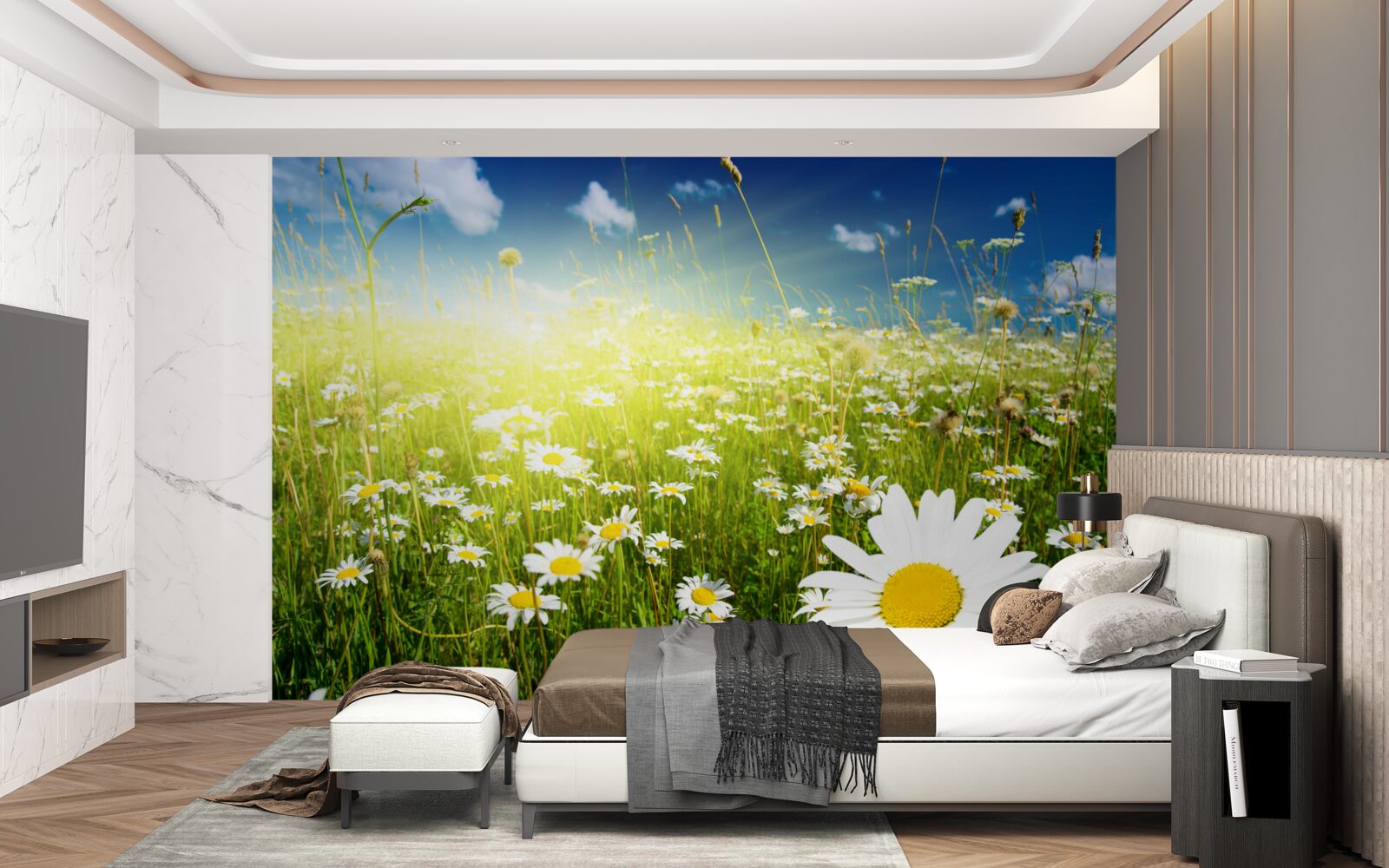 Fotobehang een weide bedekt met madeliefjes bij dageraad