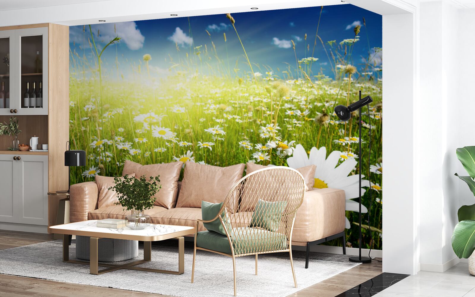 Fotobehang een weide bedekt met madeliefjes bij dageraad