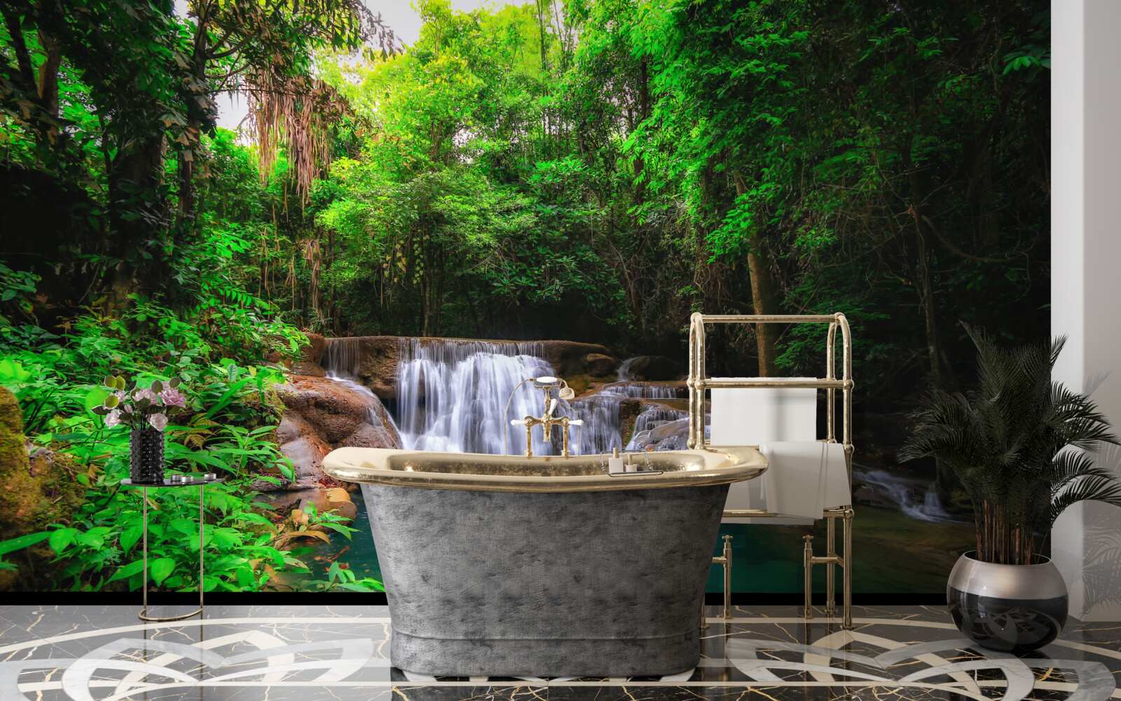 Fotobehang een verborgen waterval in de diepte van een groen bos