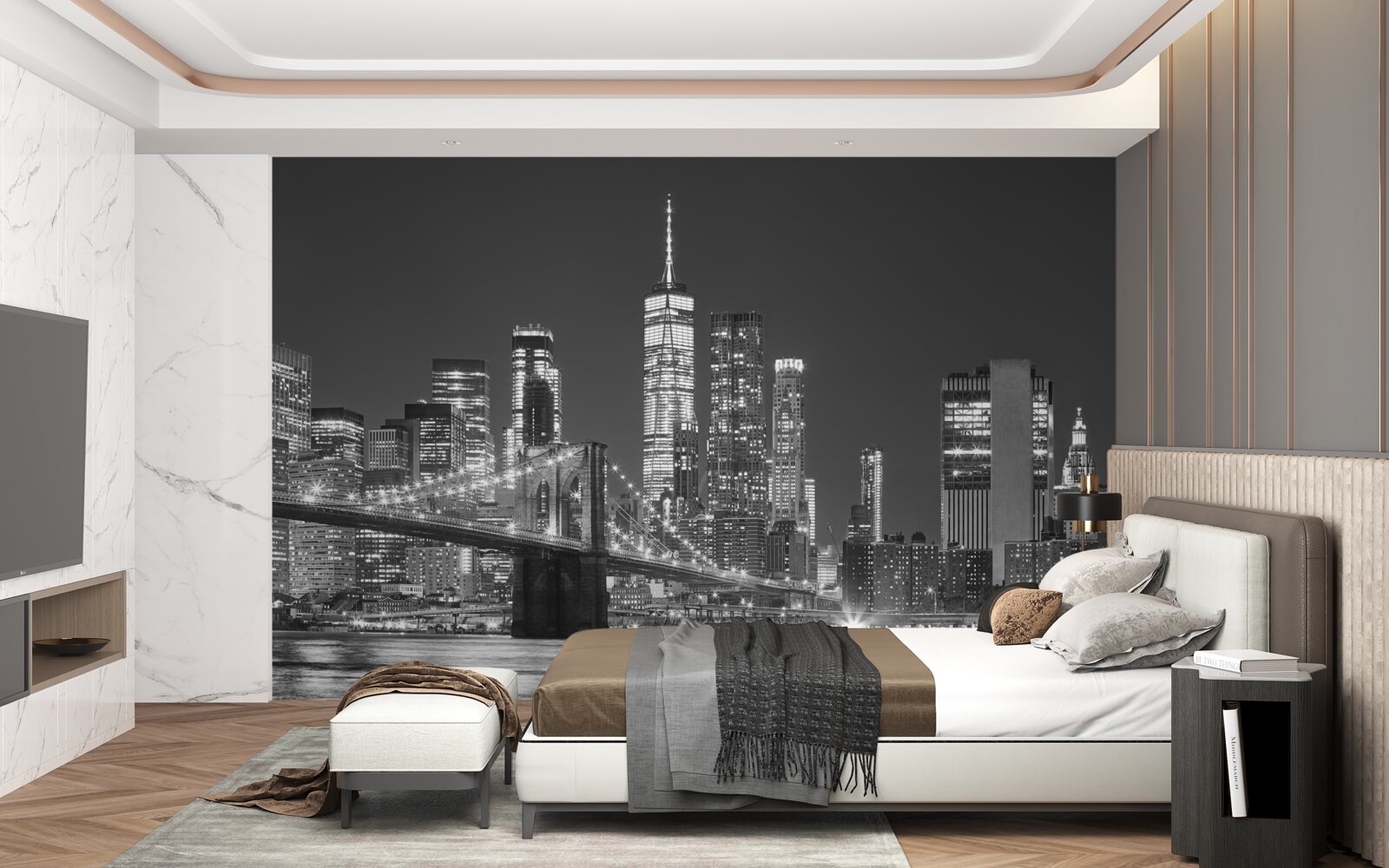 Fotobehang avondaanzicht van de brug van Manhattan