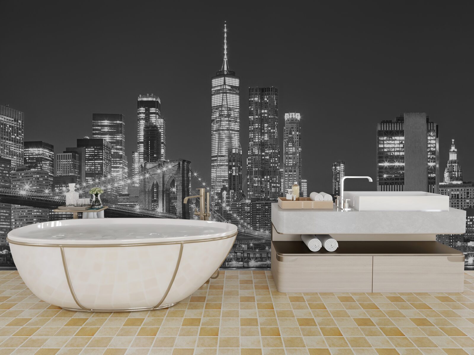 Fotobehang avondaanzicht van de brug van Manhattan