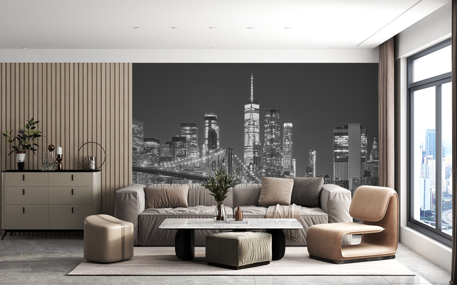 Fotobehang avondaanzicht van de brug van Manhattan