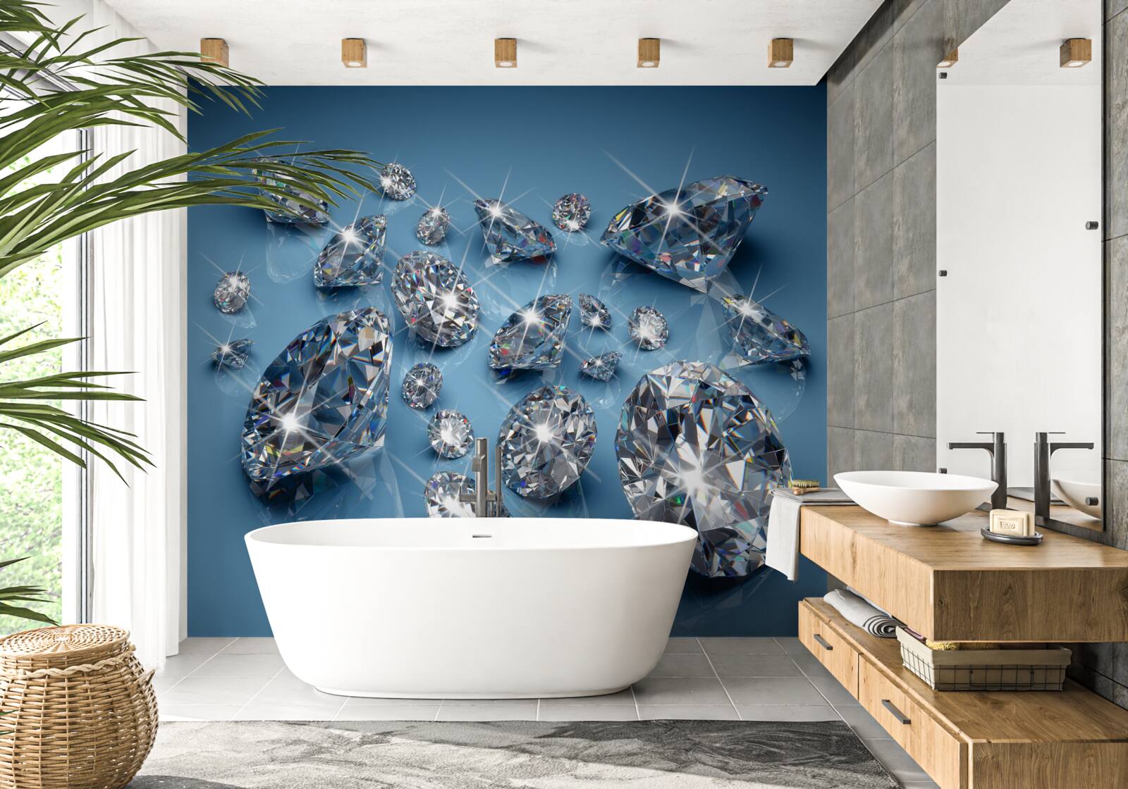 Fotobehang grote diamanten op blauw glas