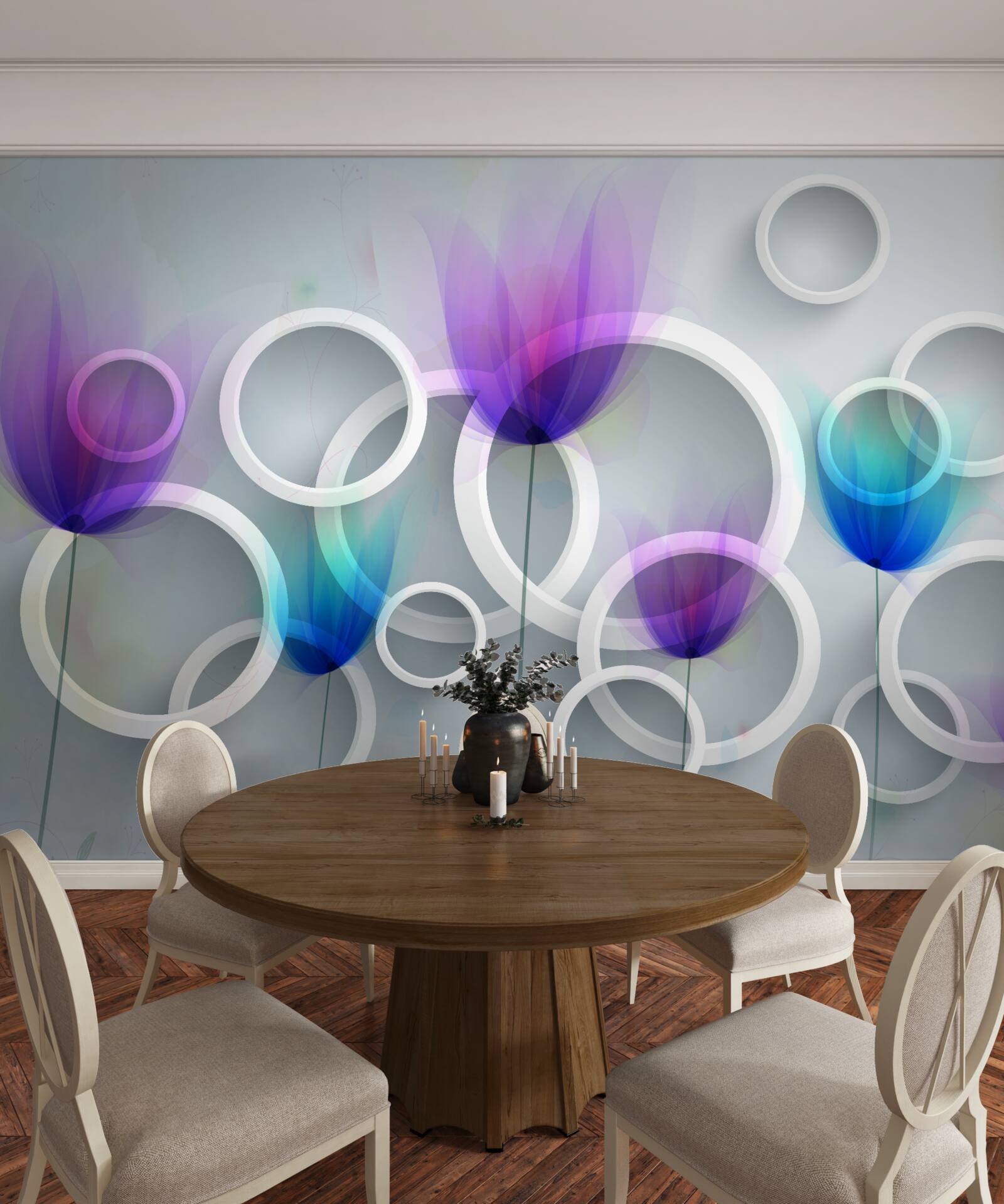 Fotobehang Klaproosbloemen en abstracte cirkels op de achtergrond