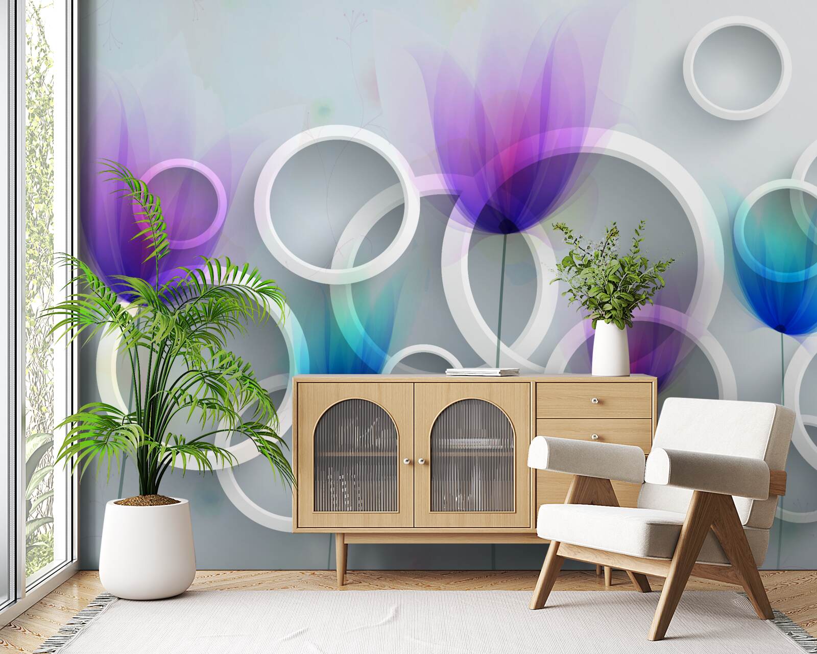 Fotobehang Klaproosbloemen en abstracte cirkels op de achtergrond