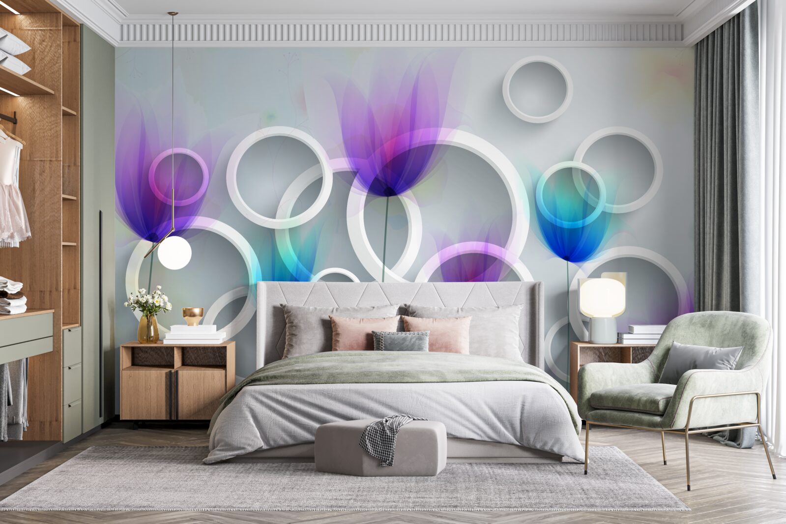 Fotobehang Klaproosbloemen en abstracte cirkels op de achtergrond