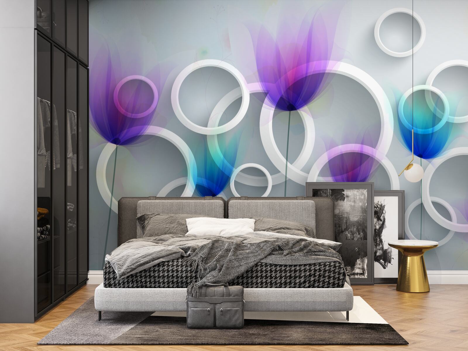 Fotobehang Klaproosbloemen en abstracte cirkels op de achtergrond