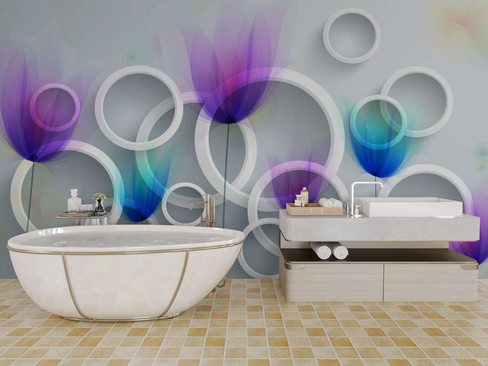 Fotobehang Klaproosbloemen en abstracte cirkels op de achtergrond