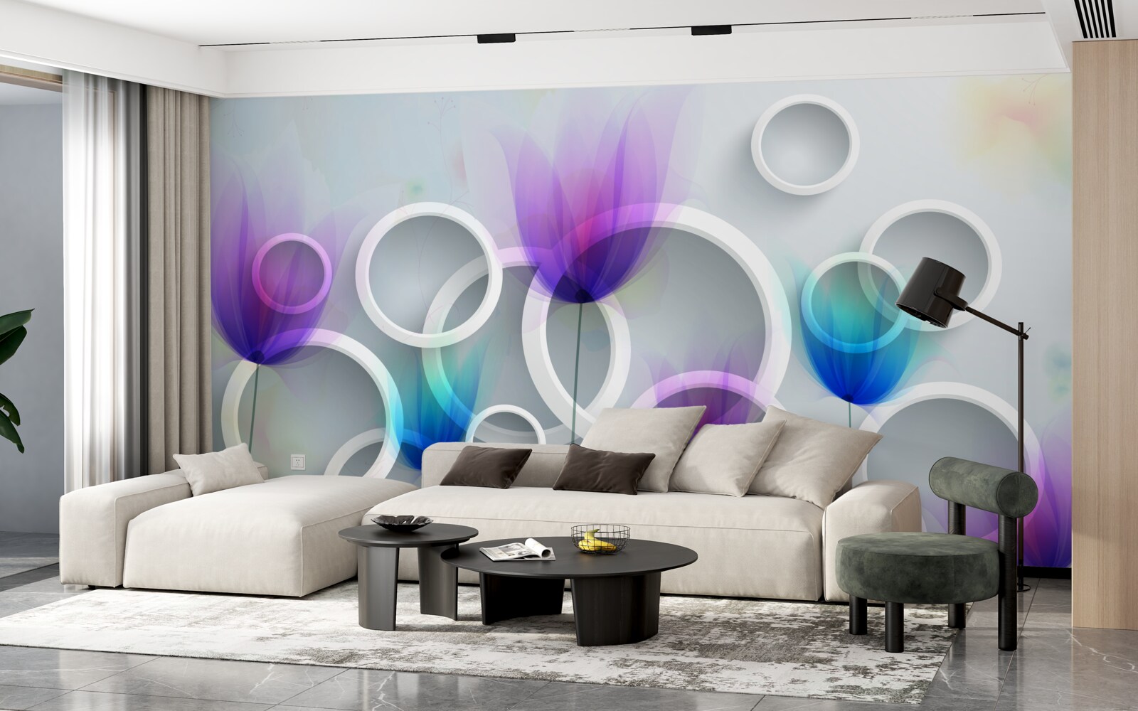 Fotobehang Klaproosbloemen en abstracte cirkels op de achtergrond