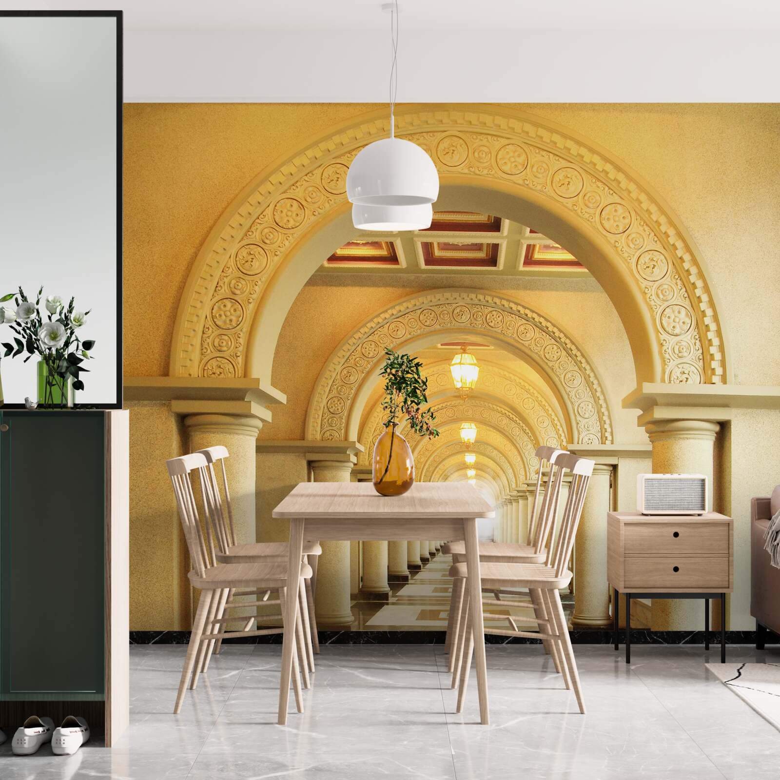 Fotobehang oogverblindend licht aan het einde van de tunnel onder de bogen