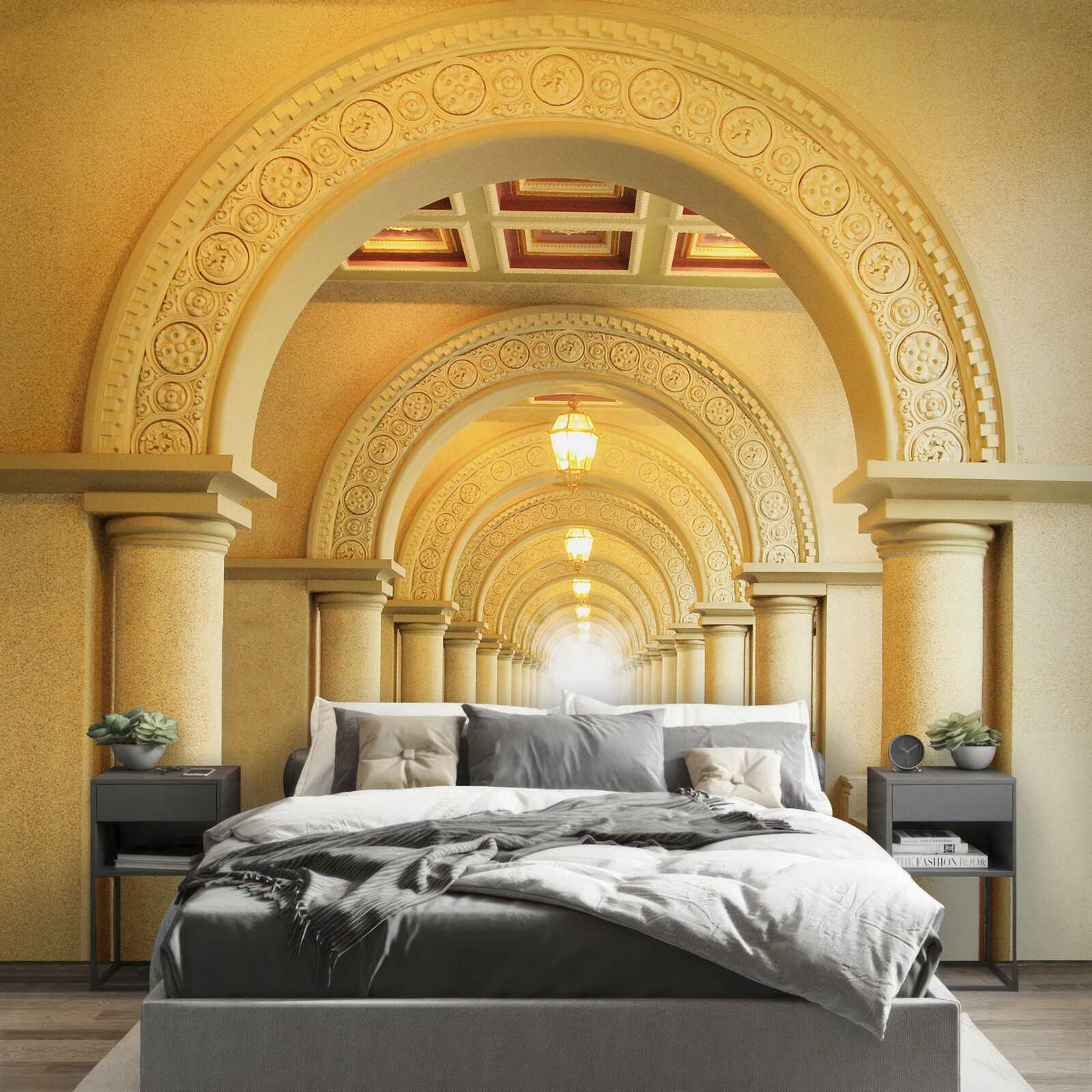 Fotobehang oogverblindend licht aan het einde van de tunnel onder de bogen