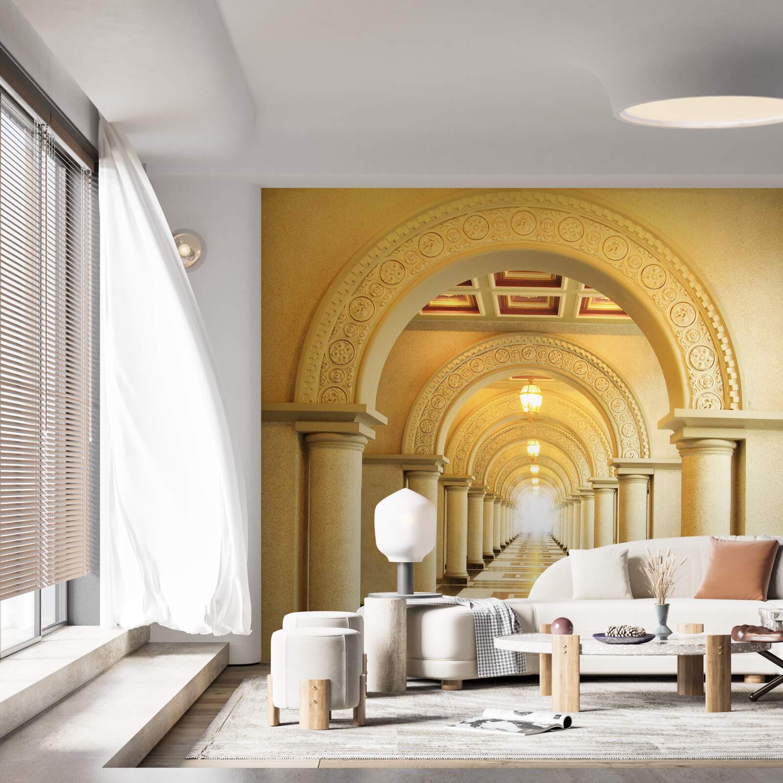 Fotobehang oogverblindend licht aan het einde van de tunnel onder de bogen