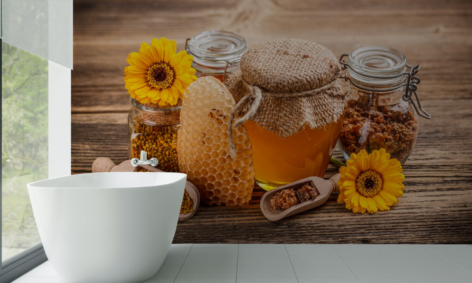 Fotobehang honing en zijn ingrediënten op tafel
