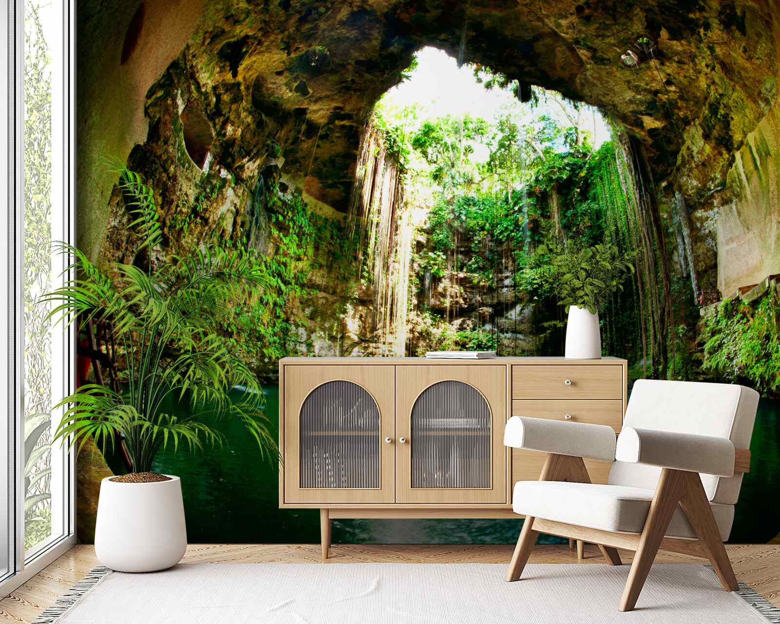 Fotobehang vallend water in een berggrot