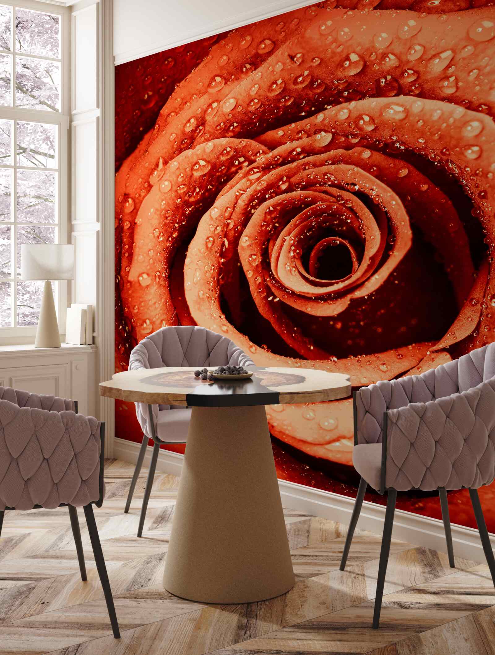 Fotobehang dauwdruppels op een scharlaken rozenblaadje