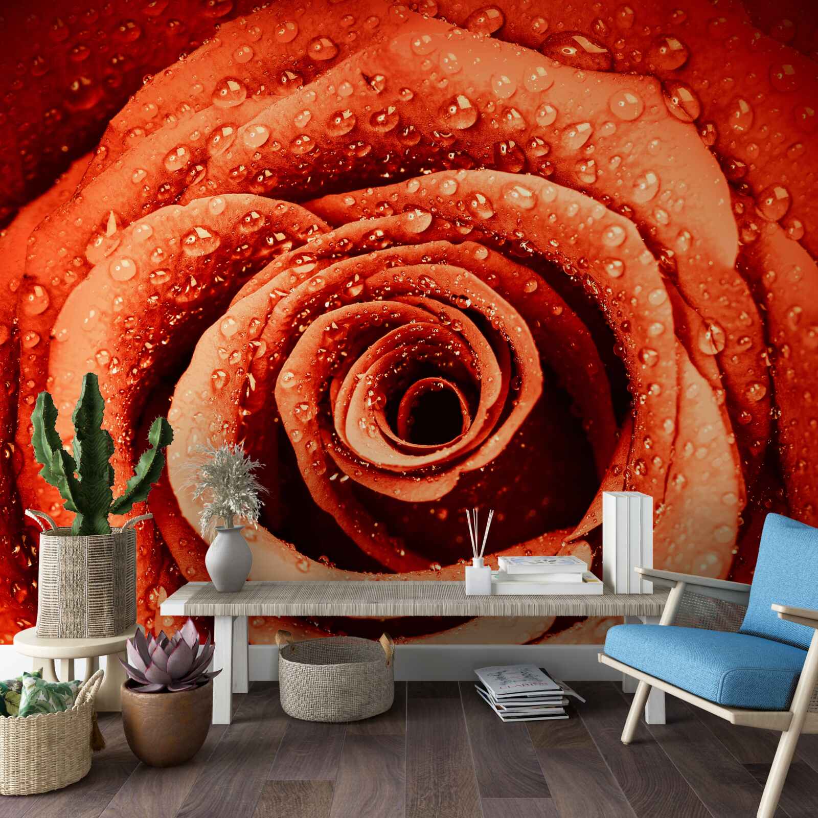 Fotobehang dauwdruppels op een scharlaken rozenblaadje