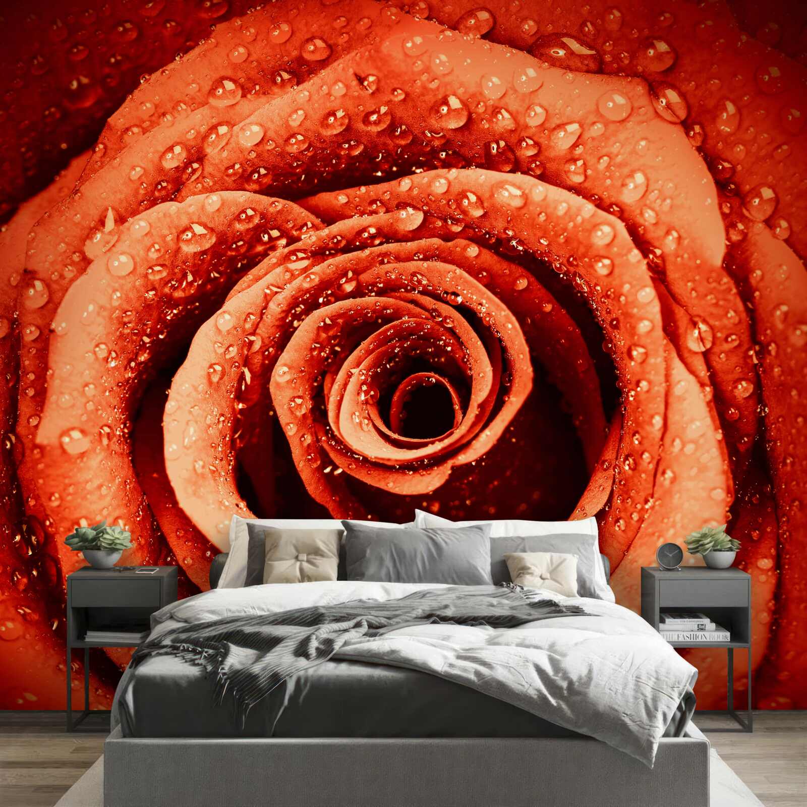 Fotobehang dauwdruppels op een scharlaken rozenblaadje